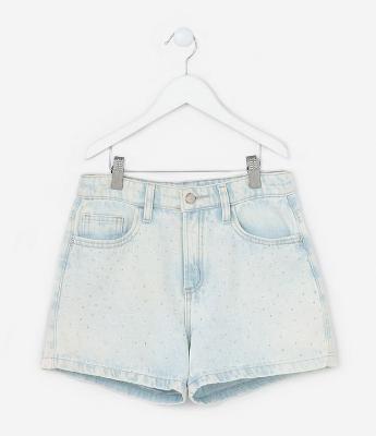 Short Infantil em Jeans com Strass - Tam 5 a 14 Anos