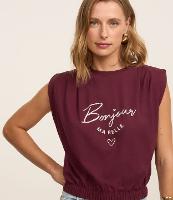 Blusa Manga Curta em Algodão com Estampa  Lettering Bonjour - 1