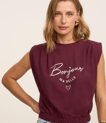 Blusa Manga Curta em Algodão com Estampa  Lettering Bonjour