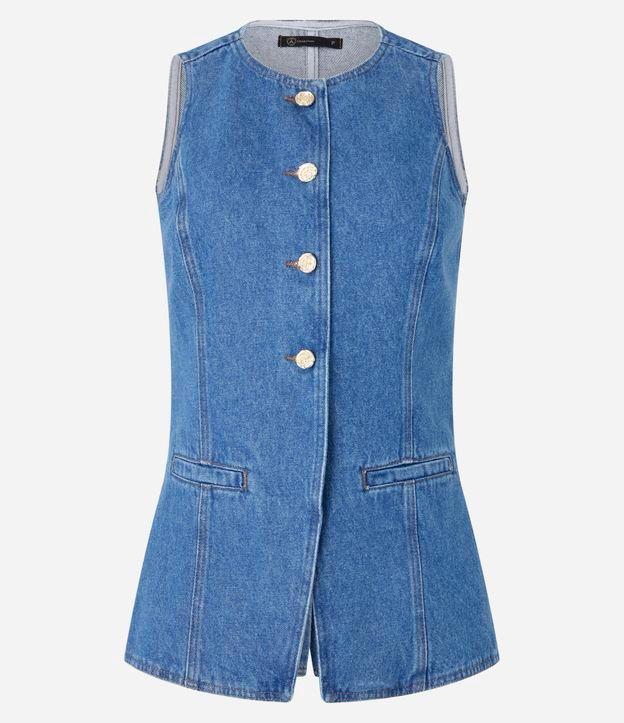 Colete Alongado em Jeans Cinturado com Botões - 1