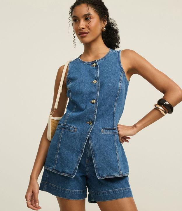 Colete Alongado em Jeans Cinturado com Botões - 3