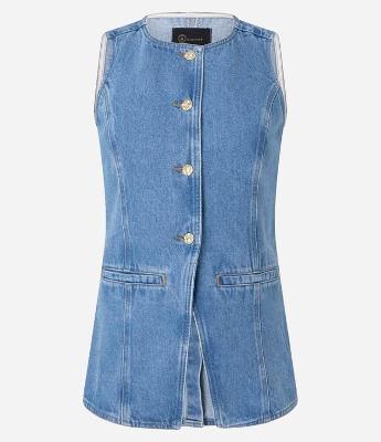 Colete Alongado em Jeans Cinturado com Botões