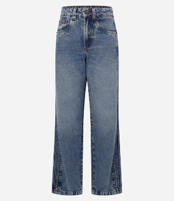 Calça Reta Cintura Alta em Jeans com Listras Laterais