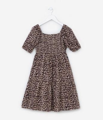 Vestido Infantil Estampado Animal Print Onça e Manga Bufante - Tam 5 a 14 anos