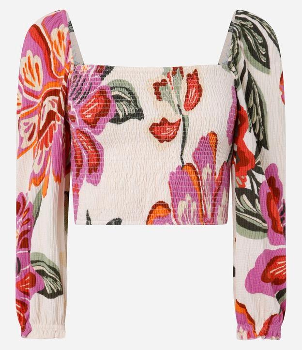 Blusa Cropped Texturizada com Lastex e Estampa Floral - 1