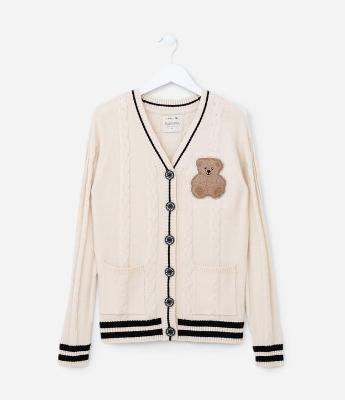 Cardigan Infantil em Tricô com Bordado Ursinho - Tam 5 a 14 Anos