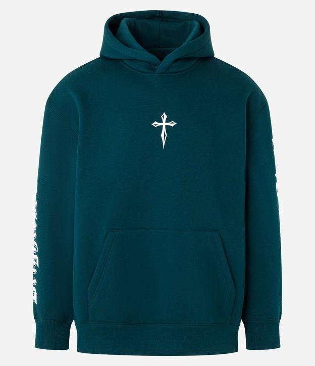 Blusão Relaxed em Moletom com Capuz e Estampa de Cruz e Lettering - 1