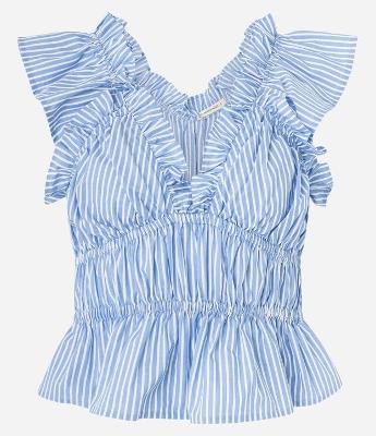 Blusa Sem Manga em Tricoline Listrada com Recorte em Elástico e Babados