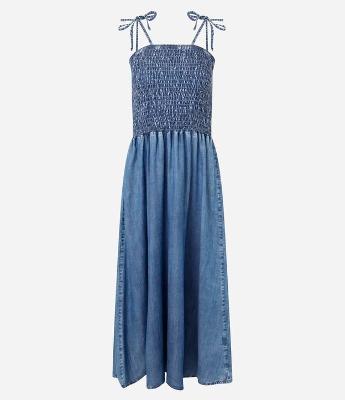 Vestido Midi Jeans com Busto em Lastex com Alça Fina