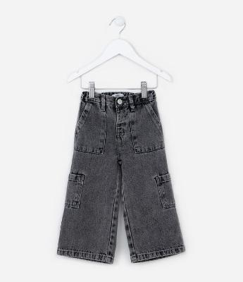 Calça Wide Leg Infantil em Jeans com Bolsos Cargo - Tam 1 a 6 Anos