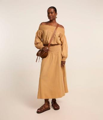 Saia Evasê Midi em Tricoline Cós com Lastex