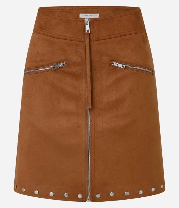 Saia Reta Cintura Alta em Suede com Zíper Frontal e Rebites na Barra - 1