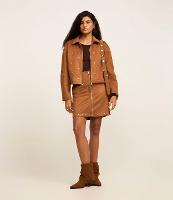 Saia Reta Cintura Alta em Suede com Zíper Frontal e Rebites na Barra - 2