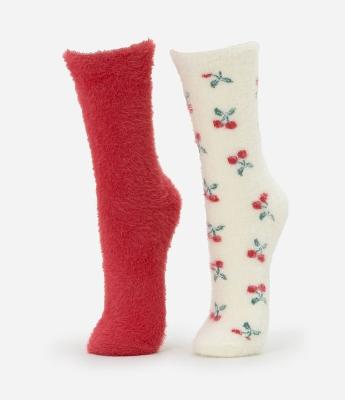 Kit 02 Meias Cano Alto com Pelinhos e Estampa de Cerejas Vermelho/Off White