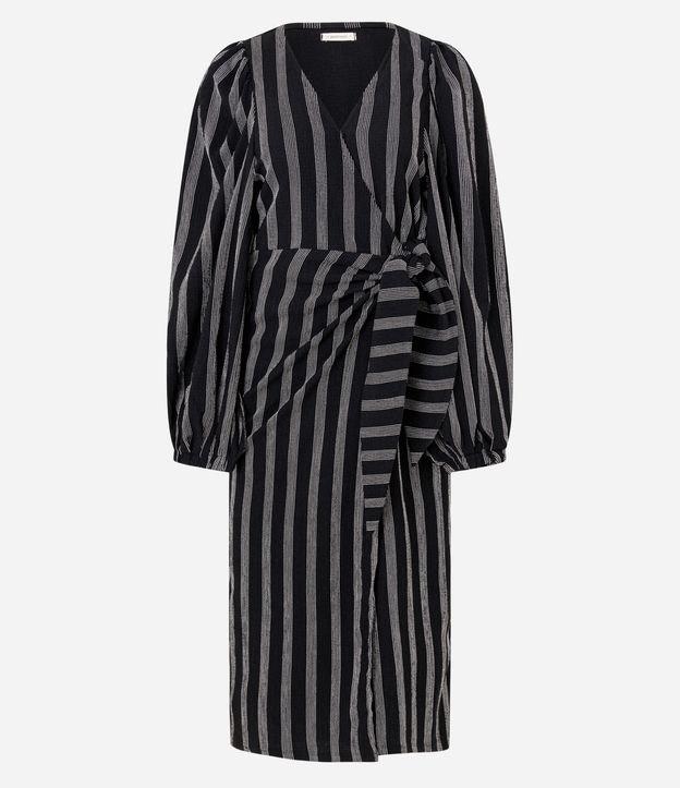 Vestido Midi com Manga Bufante Estampa Listrada e Amarração na Cintura - 1