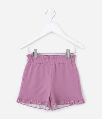 Short Infantil Cós Elástico e Babadinho na Barra Estampado por Flor - Tam 1 a 5 Anos