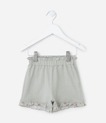 Short Infantil Cós Elástico e Babadinho na Barra Estampado por Flor - Tam 1 a 5 Anos