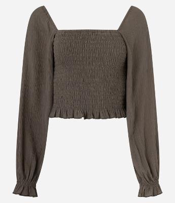 Blusa Curta em Crepe com Manga Bufante e Lastex