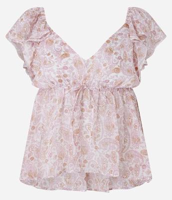 Blusa Boho Chic Peplum em Chiffon Babados e Estampa Floral Paisley