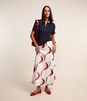 Saia Reta Midi Acetinado com Estampa em Linhas Geométricas - 1