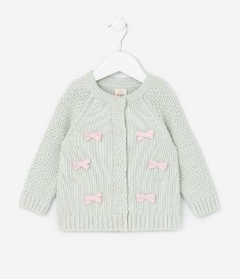 Cardigan Infantil Texturizado com Lacinhos Aplicados - Tam 0 a 18 meses