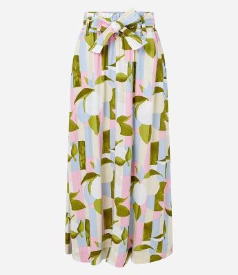 Saia Midi Evasê em Viscolinho Cós Elástico e Amarração com Estampa Abstrata