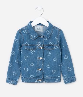 Jaqueta Infantil em Jeans com Estampa de Coração - Tam1 a 5/6 Anos
