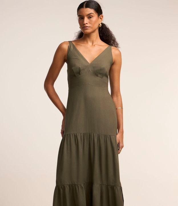 Vestido Midi Evasê em Viscose com Linho com Alça Fina e Babados - 1