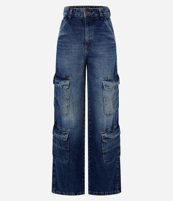 Calça Wide Leg Jeans com Bolso Cargo