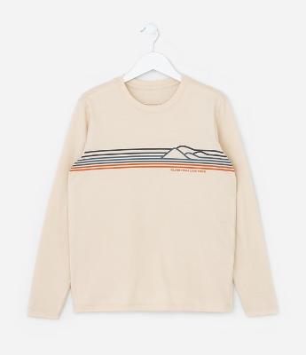 Camiseta Infantil com Estampa de Listras e Montanhas - Tam 5 a 14 anos