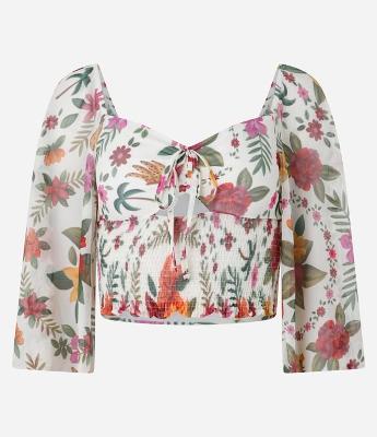 Blusa em Tule com Lacinho no Decote Estampa Floral  e Lastex na Barra