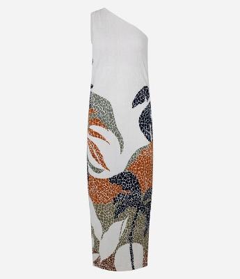 Vestido Mídi em Viscose Um Ombro Só com Estampa de Ladrilhos de Inverno