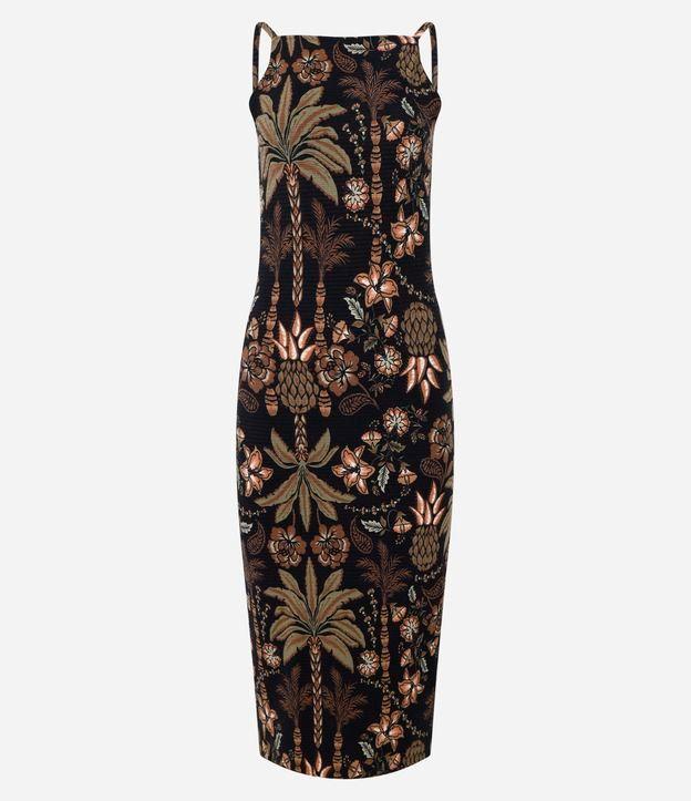 Vestido Midi de Alça em Ribana com Estampa Folhagem - 1