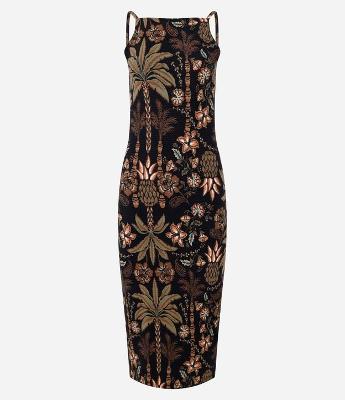 Vestido Midi de Alça em Ribana com Estampa Folhagem