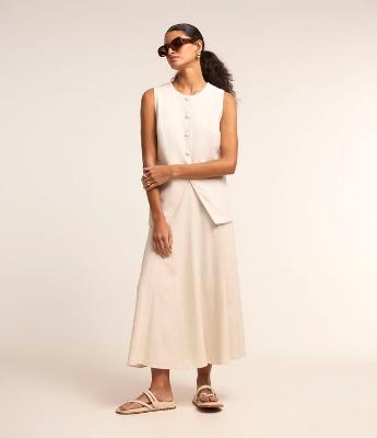 Saia Evasê Longa em Viscose com Linho e Recortes