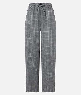 Calça Pantalona em Crepe com Estampa Xadrez e Cós de Elástico