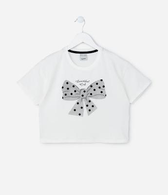 Camiseta Curta Infantil com Estampa Laço - Tam 5 a 14 Anos