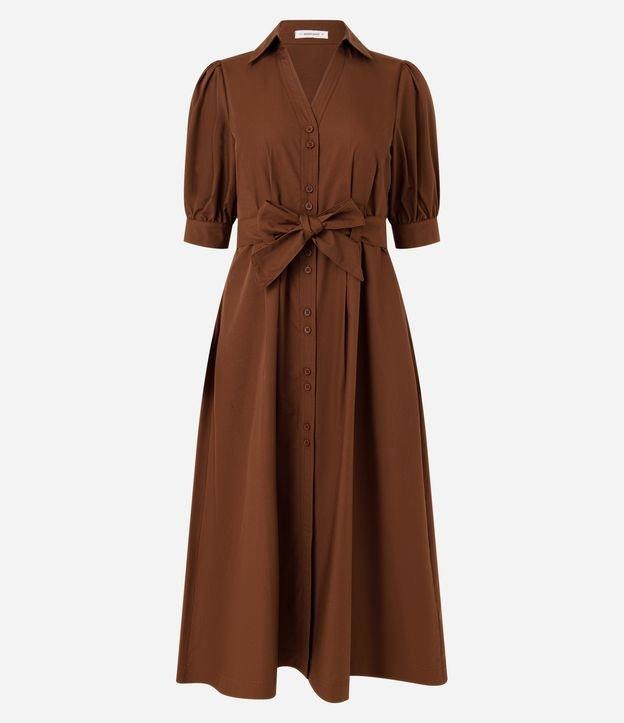 Vestido Midi Manga Curta Bufante em Tricoline com Amarração na Cintura - 1