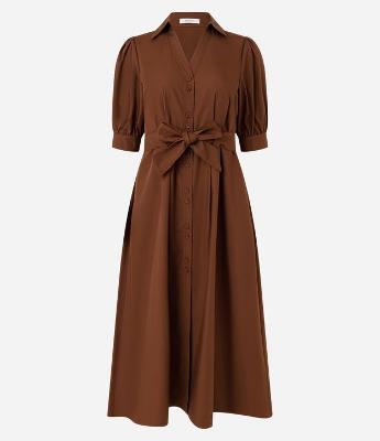 Vestido Midi Manga Curta Bufante em Tricoline com Amarração na Cintura