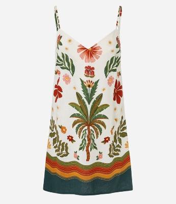 Vestido Curto em Viscose e Linho com Estampa de Folhagens