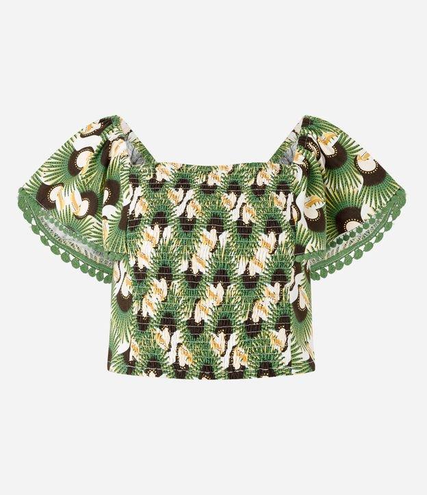 Blusa Cropped em Viscose e Linho com Lastex e Estampa Tucanos - 1