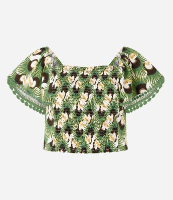 Blusa Cropped em Viscose e Linho com Lastex e Estampa Tucanos