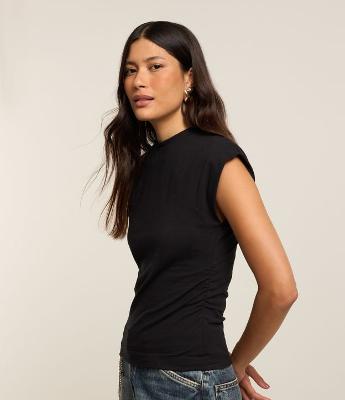 Blusa em Algodão com Gola Alta e Franzido na Lateral