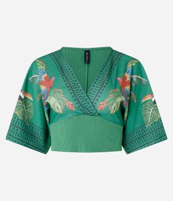 Blusa Kimono Texturizada Estampada de Arara