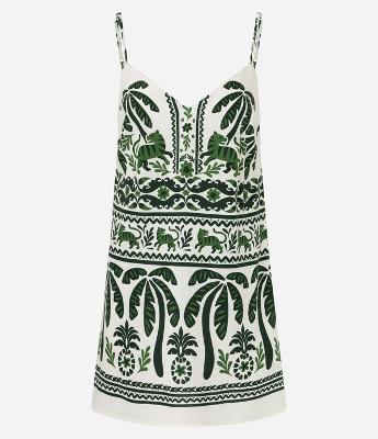 Vestido Curto em Viscose e Linho com Estampa Folhagens