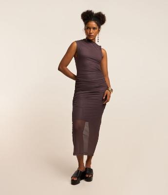 Vestido New Midi em Tule com Transparência e Decote Assimétrico