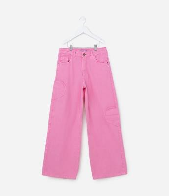 Calça Wide Leg Infantil com Bolsinhos Coração - Tam 5 a 14 Anos