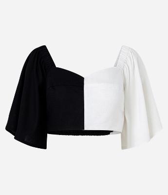 Blusa Cropped em Viscose e Linho com Recorte Bicolor