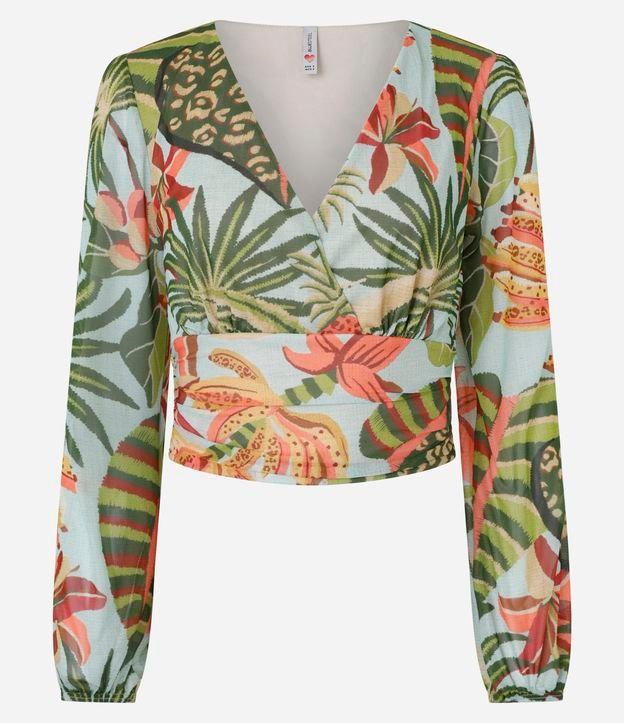 Blusa Cropped com Decote em V e Estampa Natureza - 1