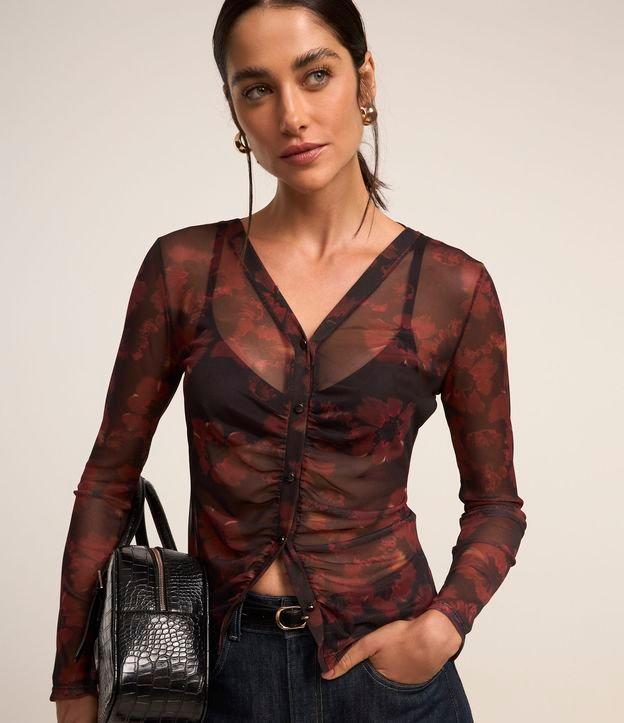 Camisa Manga Longa de Tule com Estampa em Marmorizada Floral - 1